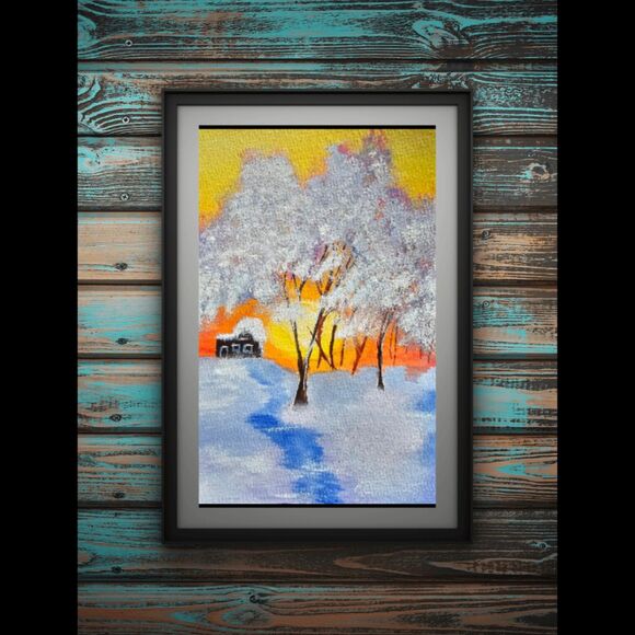 Original Forest Sunset Watercolor Painting Winter Landscape Christmas Wall Art - Picture 2 of 9